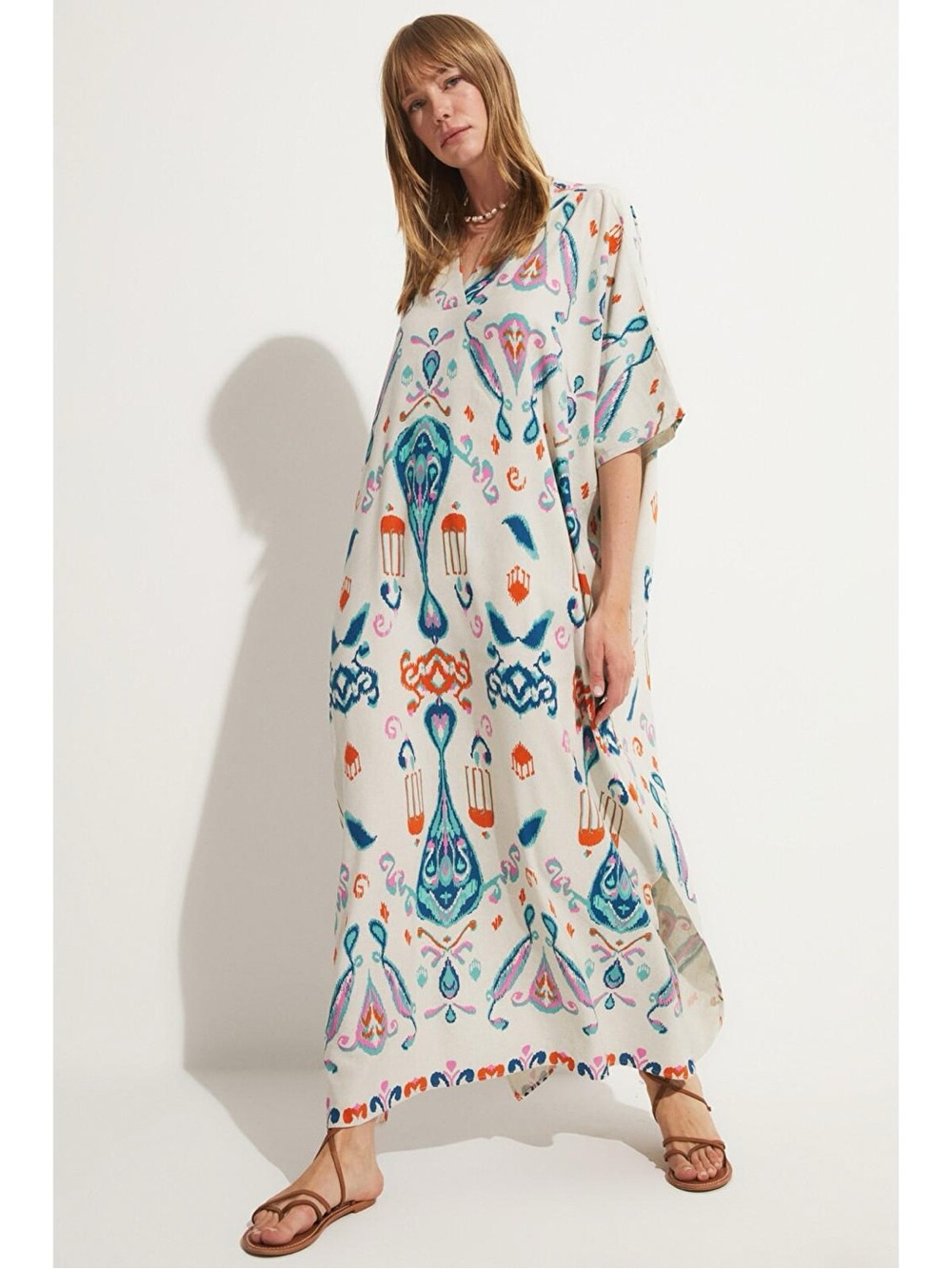 Zara Linen Blend Kaftan Maxi Dress XL Boho Floral Resort Vacation